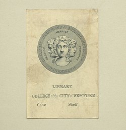 College library bookplate with an early version of the college seal from the era when the institution was named the College of the City of New York, 1866-1929 Bookplate-College of the City of New York.jpg