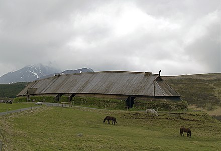 A reconstructed Viking chieftain's longhouse at the Lofotr Viking Museum in Lofoten, Norway