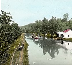 Mules pulling loaded boat. Note the scow moored on the right (berm) side. C&O Canal - 4226570680.jpg