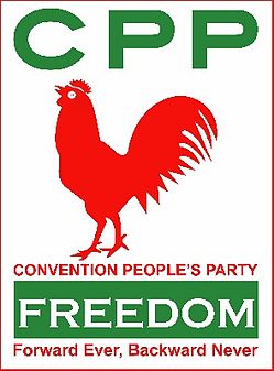 Red cockerel, "Forward Ever, Backward Never": Convention People's Party logo and slogan CPP - Convention People's Party logo.jpg