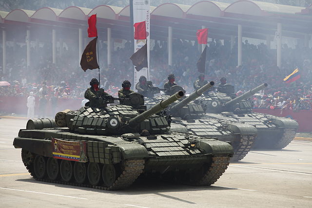 T-72B1V tanks of the Venezuelan Army during a parade in hommage to the death of former president Hugo Chávez, March 2014.