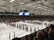 Challenge Cup Final at The Viola Arena. The players of the Cardiff Devils and the Sheffield Steelers line up for the national anthems at the start of the 2016-17 Challenge Cup Final. The Devils won 3-2 Challenge Cup Final at Ice Arena Wales (geograph 5303521).jpg