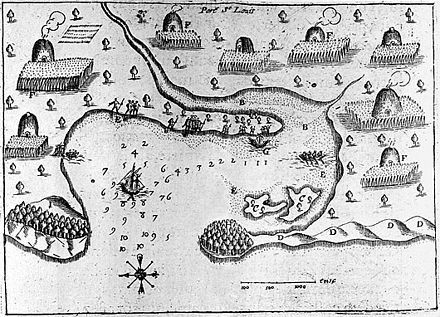 1605 map drawn by Samuel de Champlain of Plymouth Harbor (which he called Port St. Louis); "F" designates wigwams and cultivated fields.