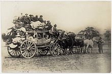 Coach is packed with equipment, Chinese passengers inside and on top of coach, 1853. Chinese leaving for the diggings. Cobb & Co. coach, Castlemaine..jpeg