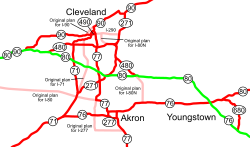 The original plan for the Clark Freeway is in light pink. Cleveland Interstate Highways map.svg