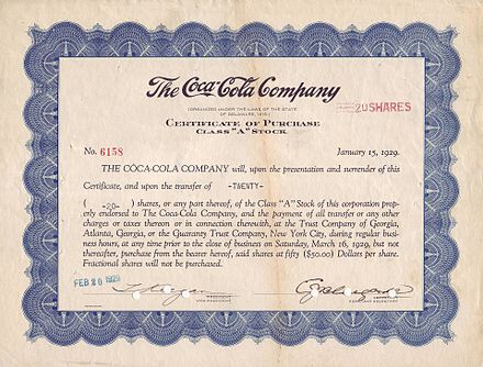 Certificate of Purchase Class A Stock for 20 Shares of the Coca-Cola Company, issued February 20, 1929