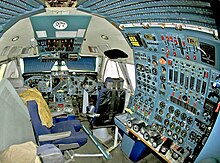 The cockpit of a non-operational four-engine Ilyushin Il-86, with its flight engineer's station at right