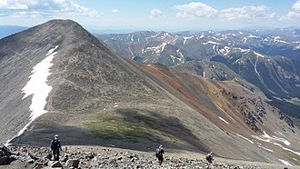 Grays Peak is the highest point on the Continental Divide National Scenic Trail and the Continental Divide in North America. Continental Divide Trail, Torreys to Grays.jpg