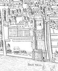 Bridewell Palace shown on the "Copperplate" map of London, surveyed between 1553 and 1559 Copperplate map Bridewell.jpg