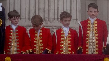 Pages of Honour on the balcony at Buckingham Palace after the 2023 coronation ceremony Coronation Balcony 2023 (King's Pages).jpg