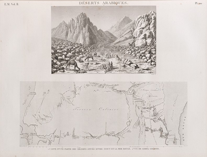 Pl.100 - 1. Carte d'une partie des déserts situés entre Syout et la Mer Rouge 2. Vue de Gebel Ghâreb