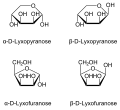 de: Die Stereoisomere der D-Lyxosee in Haworth-Schreibweise; en: stereoisomers of D-lyxose in Haworth projection