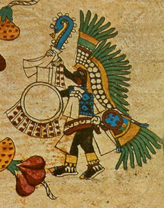 Dancer in the Codex Borbonicus. Danzante con un quetzalapanecayotl en el festival del Xocotlhuetzi, en el folio 28.png