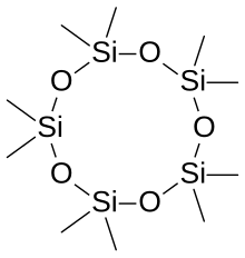 Decamethylcyclopentasiloxane, or D5, a cyclic siloxane Decamethylcyclopentasiloxane.svg