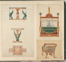 Foglio di album di disegni di mobili e ornamenti architettonici, 1800 circa, penna inchiostro nero grafite e acquarello, Metropolitan Museum