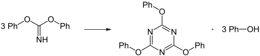 Iminocarbonates trimerize to triphenyl cyanurates.