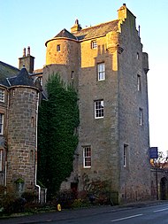 Dornoch Castle, besieged by supporters of Clan Sinclair in 1570, three members of Clan Murray (supporters of Clan Sutherland) being beheaded after surrendering a week later Dornoch Castle Hotel (11470700643).jpg