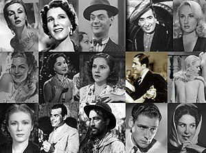 Golden Age of Argentine cinema. From top (left to right): Tita Merello, Libertad Lamarque, Luis Sandrini, Pepe Arias, Mirtha Legrand, Zully Moreno, Lolita Torres, Amelia Bence, Carlos Gardel, Olga Zubarry, Mecha Ortiz, Jose Gola, Hugo del Carril, Armando Bo and Nini Marshall. Edad de oro del cine argentino.jpg