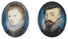 A pair of stamp-sized miniatures by Nicholas Hilliard, depicting Queen Elizabeth and the Earl of Leicester, claimed by some Baconians to be the parents of Francis Bacon and possibly others. Elizabeth and Leicester miniatures by Hilliard.png