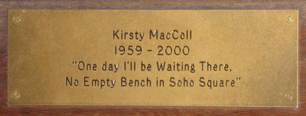 Plaque on the Kirsty MacColl memorial bench in Soho Square