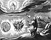 The extraordinary-looking Cherubim (immediately to the left of Ezekiel) and Ophanim (the nested-wheels) appear in the chariot vision of Ezekiel