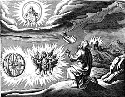 One traditional depiction of the cherubim and chariot vision, based on the description by Ezekiel