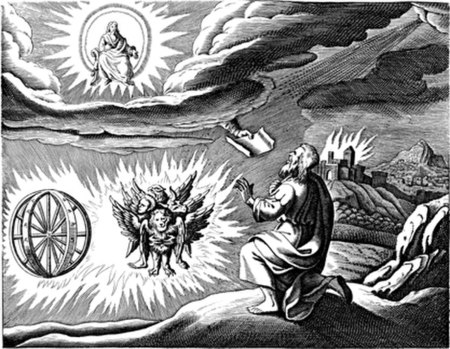 A copy of Matthäus Merian's engraving of Ezekiel's "chariot vision" (1670), which the film's protagonists interpret as an announcement of the end of t