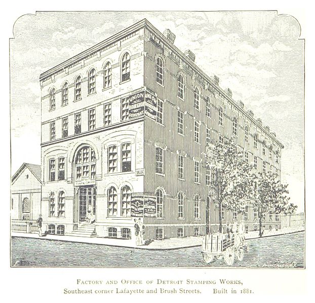 File:FARMER(1884) Detroit, p870 FACTORY AND OFFICE OF DETROIT STAMPING WORKS, SOUTHEAST CORNER LAFAYETTE AND BRUSH STREETS. BUILT IN 1881.jpg