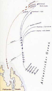 The Battle of the Falkland Islands, 8 December 1914. The German armoured cruisers under Admiral von Spee that had been raiding British sealanes were sunk by a British battlecruiser task force. Falklandschlacht.jpg