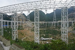 Vajaa 50 kilometriä Luodianista pohjoiseen sijaitseva maailman suurin radioteleskooppi, FAST, otettiin käyttöön syyskuussa 2016. Kuva rakenteilla olevasta teleskoopista (2015).