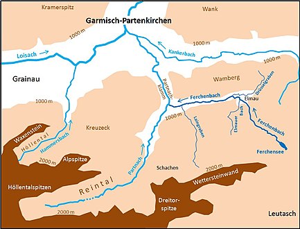 Karte der Gegend mit Bächen und Gebirge nahe von Garmisch-Partenkirchen map, or a better map of Landkreis Garmisch-Partenkirchen in Bavaria.