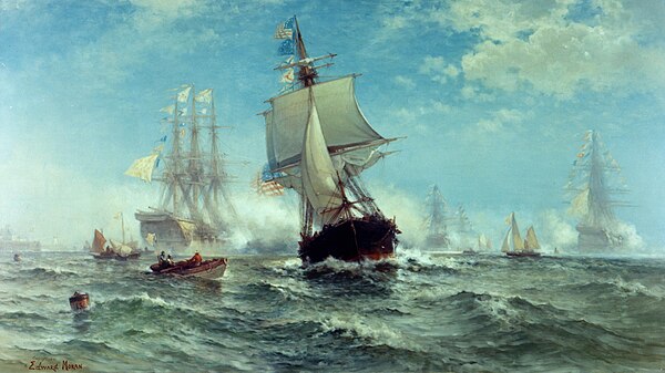 USS Ranger receiving the salute of the French fleet at Quiberon Bay, France, 14 February 1778.