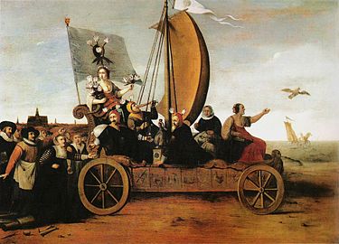 Алегорія «Тюльпаноманія» Хендріка Геррітца Пота англ. Hendrik Gerritsz Pot, близько 1640 р. Флора, богиня квітів, продувається вітром і їде з п'яницею, міняйлом, і дволикою жінкою. За ними їдуть розпусні ткачі Гарлему, на шляху до падіння в море.