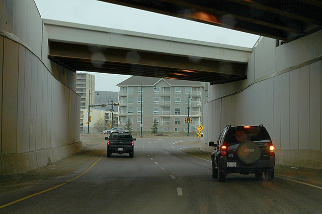 The Franklin Avenue Tunnel carries two lanes from the Grant MacEwan Bridge underneath Highway 63 and into downtown Fort McMurray.