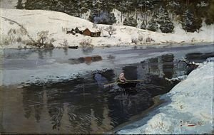 Winter at Simoa River
Frits Thaulow (1886)
National Gallery, Oslo, Norway Frits Thaulow - Winter at the River Simoa - Google Art Project.jpg