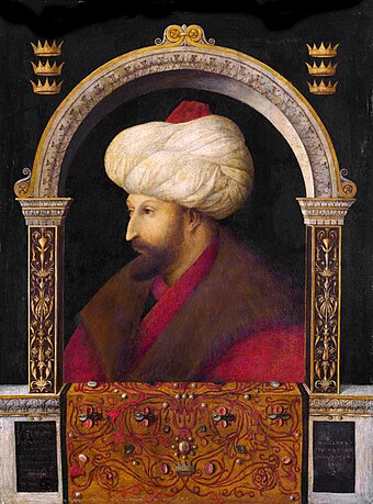 Portrait of Sultan Mehmed II by Gentile Bellini (c. 1480, but largely repainted later), who visited Istanbul and painted many scenes of the city