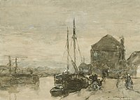 J.H. Weisssenbruch, 1865: 'Gezicht op de Turfmarkt met de Eendjespoort in Haarlem', aquarel
