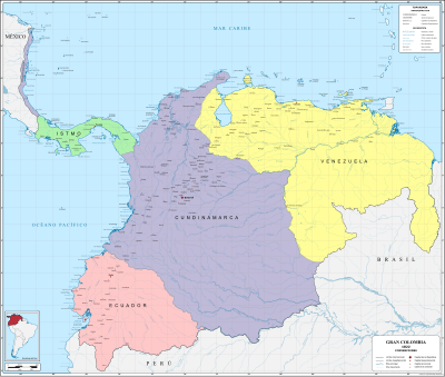 División política de la Gran Colombia en 1820, escluyendo a Panamá y Ecuador que siguíen sol dominiu español.
