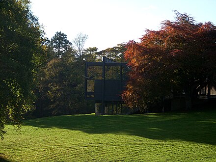 Plate-glass windows reflect the colours of autumn at Gray's School of Art building, Garthdee campus.
