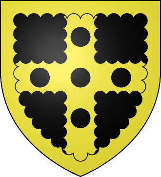 Arms of Greville: Sable, on a cross engrailed or five pellets a bordure engrailed of the second Greville arms.svg