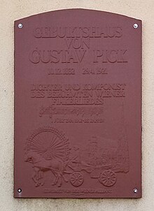 Gedenktafel am Geburtshaus von Gustav Pick in Rechnitz