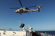 A Navy HH-60 delivers supplies to Carnival Splendor on 9 November 2010 HH-60H delivering relief supplies to Carnival Splendor 2010-11-09.jpg