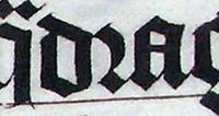 Ausschnitt: q[ua]drag… (= quadraginta) in einer Bibelhandschrift aus Malmesbury (Textura), 1407