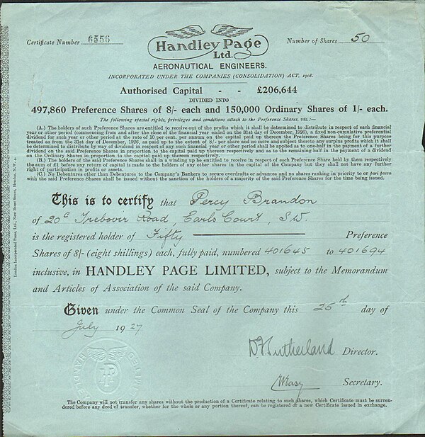 HP preference share certificate, 1927