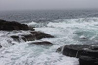 High tide near Thunder Hole in Acadia National Park; Hancock County, Maine, is a major tourist destination in the United States. High tide near Thunder Hole, ME IMG 2439.JPG