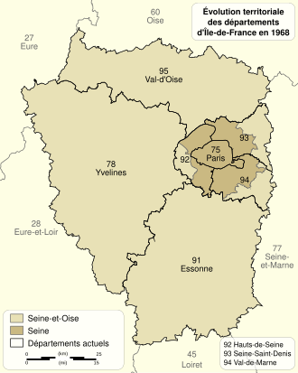 Reorganization of the former Seine-et-Oise and Seine departments in 1968. Essonne in the south. Ile de France departments 1968 evolution map-fr.svg