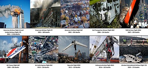 A collage of some of the deadliest aircraft disasters worldwide since 2001 Image collage of some of the deadliest aviation disasters since 2001.jpg