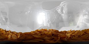 A 360-degree panorama capturing the interior of a cornflakes bag, demonstrating the distinctive golden hue and texture of the cereal prior to preparation.
(view as a 360deg interactive panorama) Inside a cornflakes bag - 360deg photo.jpg