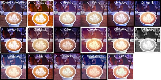 Een collage van bewerkingen met 17 verschillende digitale filters van Instagram van dezelfde foto.