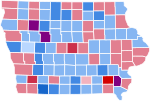 Results of the Iowa Democratic caucus, 2016
Clinton--70-80%
Clinton--60-70%
Clinton--50-60%
Clinton--<50%
Tie between Clinton and Sanders
Sanders--<50%
Sanders--50-60%
Sanders--60-70%
Sanders--70-80% Iowa Democratic caucus results, 2016.svg